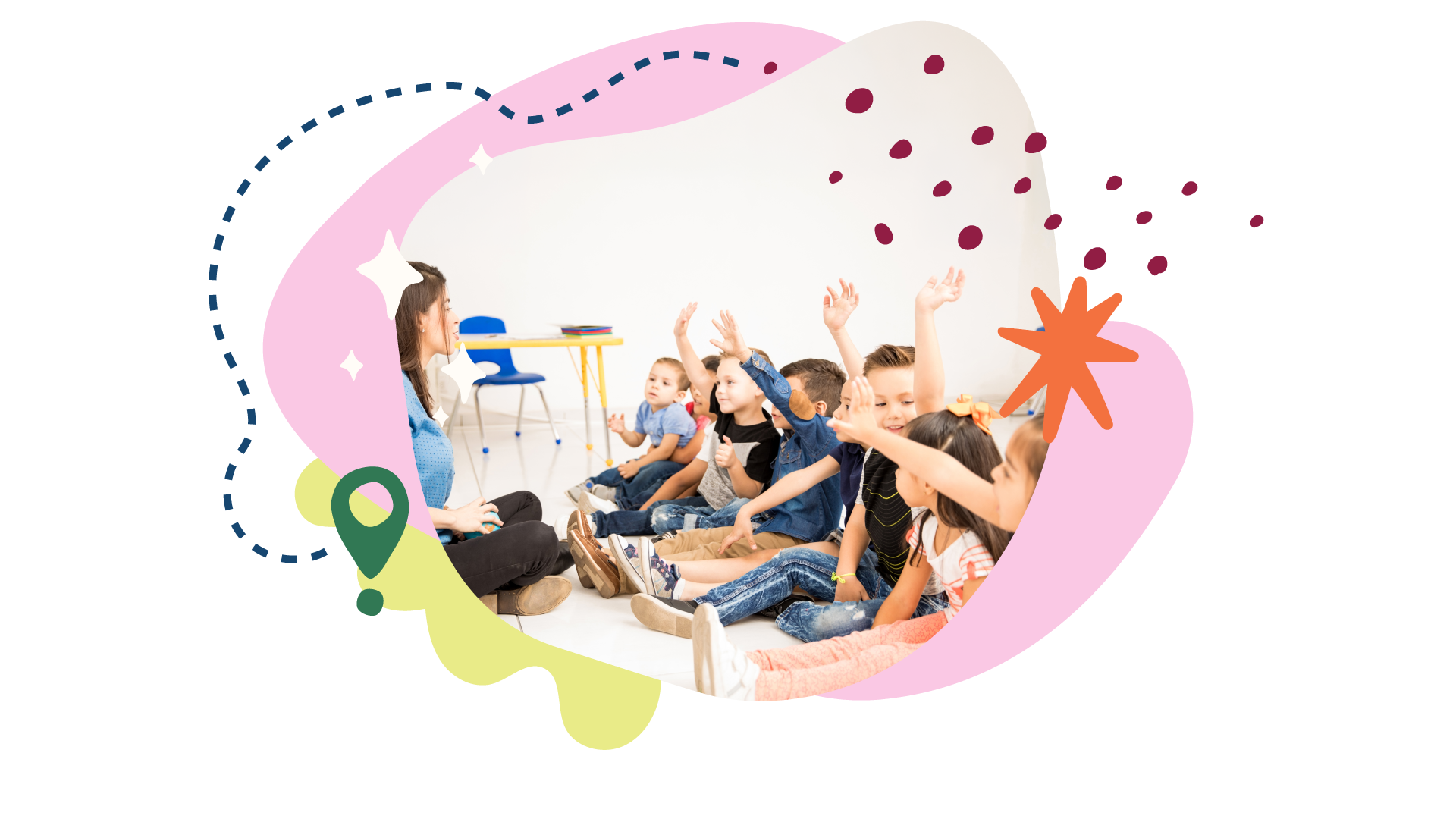 image of a preschool and daycare teacher and children learning in a classroom