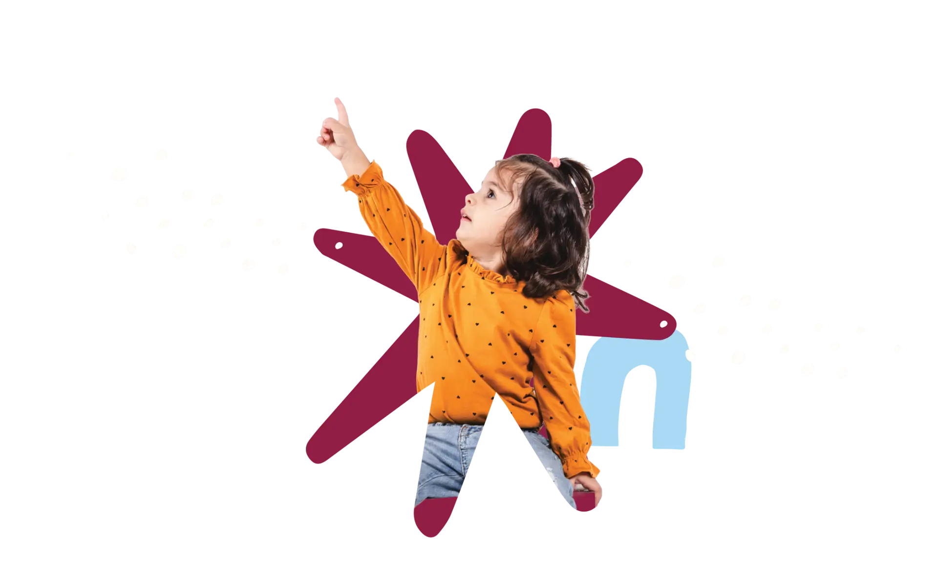 image of a preschool and daycare child pointing up at a faith-based early education campus